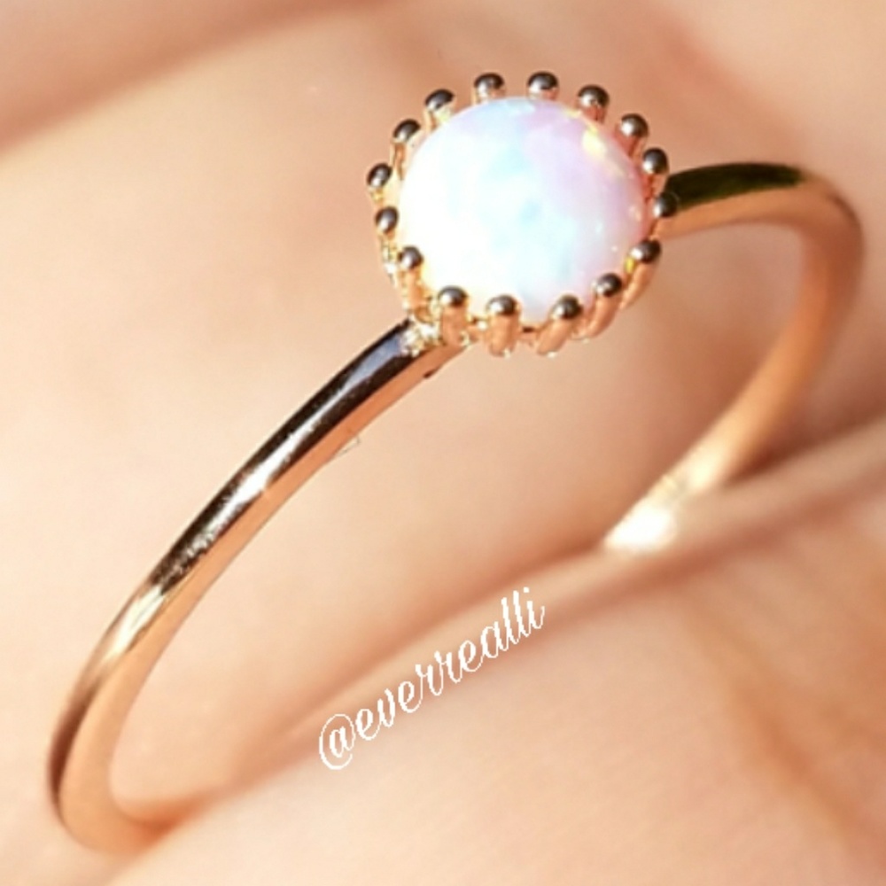 Delicate Rose Gold Band Tiny Round Fire Opal Ring - Picture 2 of 5